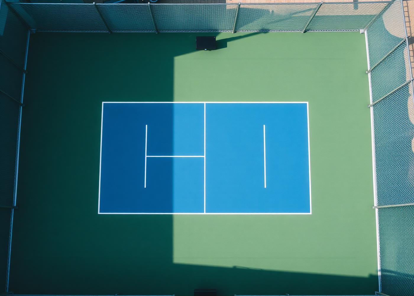 Draufsicht auf Spielfeldlinien und Kunstrasenbelag eines Padel Courts